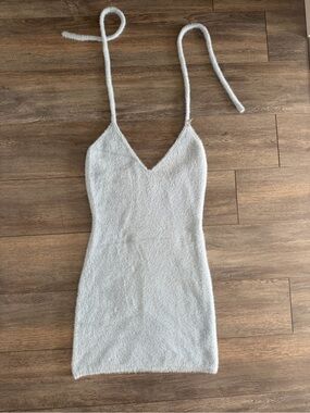 baby phat Fuzzy V-Neck Spaghetti Strap Mini Dress in Light blue